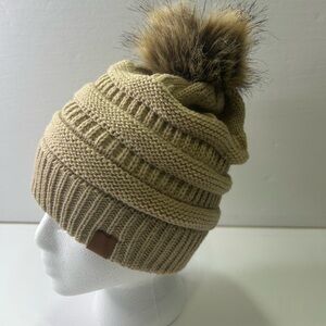 Cozy Tan light brown Knit with faux fur Pom-Pom Beanie for women